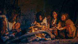 Darstellung einer Szene im Zeitalter der Frühmenschen mit Neandertalern und Cro Magnon Menschen (Homo sapiens, Jetzmensch-Linie)