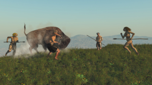 Illustration einer Jagd in der Altsteinzeit (Neandertaler vs. Bison)
