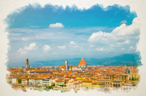 Gemälde der Stadt Florenz aus der Luft mit typischer Renaissancearchitektur