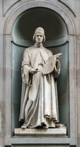 Eine Statue von Leone Battista Alberti vor den Uffizien in Florenz