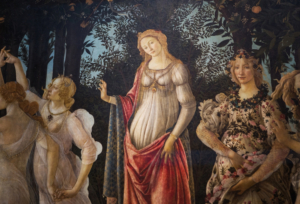 Ausschnitt aus Der Frühling (La Primavera), gemalt von Sandro Botticelli ca. 1478/82, ausgestellt in den Uffizien in Florenz, Italien, Bildnachweis: Soloviova Liudmyla / Shutterstock.com 