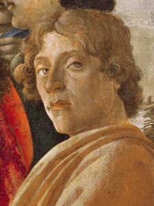 Selbstporträt von Sandro Botticelli - Diese Datei ist ein Ausschnitt aus  "Anbetung der Heiligen Drei Könige" (Zanobi-Altar), Uffizien, Florenz, Gemeinfrei