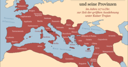 Das Römische Reich im Jahre 117 n. Chr. zu der Zeit von Trajan, sowie die wichtigsten Provinzen