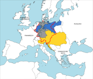 Deutscher Bund von 1815 mit Preußen (blau), Österreich (orange) und den anderen deutschen Staaten (grau), Bildlizenz: von 52 Pickup, <a href="http://creativecommons.org/licenses/by-sa/3.0/" target="_blank">CC BY-SA 3.0</a>