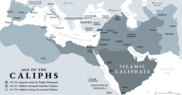 Dreiteilung des Mittelmeerraums am Ende der Antike: Frankenreich (Überreste Westroms), Byzantinische Reich (Ostrom) und die Islamisch-Arabischen Kalifate