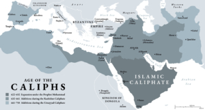 Dreiteilung des Mittelmeerraums am Ende der Antike: Frankenreich (Überreste Westroms), Byzantinische Reich (Ostrom) und die Islamisch-Arabischen Kalifate