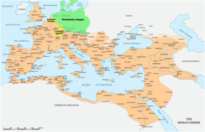 Römische Reich (orange), Germania Magna (grün), die römischen Provinzen Germania superior (gelb) und Germania inferior (gelb)