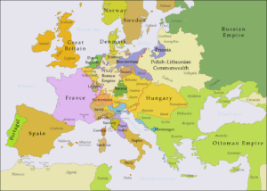 Karte Europas um 1748, Bildnachweis: Von P. S. Burton - Diese Datei wurde von diesem Werk abgeleitet: Europe 1748-1766.png, <a href="https://creativecommons.org/licenses/by/3.0" target="_blank">CC BY 3.0</a>, https://commons.wikimedia.org/w/index.php?curid=25910813, keine Änderungen vorgenommen