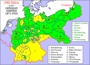 Preußen im deutschen Kaiserreich 1871 - 1918, Bildnachweis: By Adam Carr - This map has been uploaded by Electionworld from en.wikipedia.org to enable the Wikimedia Atlas of the World . Original uploader to en.wikipedia.org was Adam Carr, known as Adam Carr at en.wikipedia.org. Electionworld is not the creator of this map. Licensing information is below., <a rel="nofollow noopener" target="_blank" href="http://creativecommons.org/licenses/by-sa/3.0/">CC BY-SA 3.0</a>, https://commons.wikimedia.org/w/index.php?curid=1485454, keine Änderungen vorgenommen