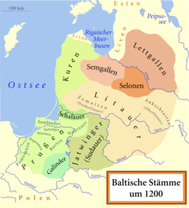 Gebiet der Prußen im Ostseeraum, Bildnachweis: Von Original: MapMaster Vektor: NNW - Eigenes Werk, basierend auf: Baltic Tribes c 1200.svg von MapMaster, <a href="http://creativecommons.org/licenses/by-sa/3.0/" target="_blank">CC BY-SA 3.0</a>, https://commons.wikimedia.org/w/index.php?curid=124250247