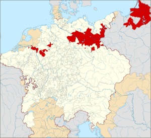 Karte Brandenburg-Preußens mit Teilen im Heiligen Römischen Reich (Brandenburg + Niederrhein-Gebiete) und Ostpreußens (Herzogtum) außerhalb des Reiches, Bildnachweis: Von Diese W3C-unbestimmte Vektorgrafik wurde mit Inkscape erstellt . - Main source:"Deutschland: 1618-1648", in: Josef Engel (ed.), Grosser Historischer Weltatlas, herausgegeben vom Bayerischen Schulbuch-Verlag: Dritter Teil, Neuzeit, Munich and Tübingen, 1967, p. 122.Other sources:"Hessen-Kassel und Hessen-Darmstadt 1604-1638", in: Geschichtlicher Atlas von Hessen, url: http://www.lagis-hessen.de/de/subjects/idrec/sn/ga/id/25"Hessen-Kassel in Nordwestdeutschland", in: Geschichtlicher Atlas von Hessen, url: http://www.lagis-hessen.de/de/subjects/idrec/sn/ga/id/39"Braunsweich-Lüneburg im Jahre 1625", in: Gudrun Pischke (ed.), Geschichtlicher Handatlas von Niedersachsen, Neumünster, 1989, p. 35b.Carsten Porskorg Rasmussen (ed.), Die Fürsten des Landes: Herzöge und Grafen von Schleswig, Holstein und Lauenburg, Neumünster, 2008, p. 21., <a rel="nofollow noopener" target="_blank" href="http://creativecommons.org/licenses/by-sa/4.0/">CC BY-SA 4.0</a>, https://commons.wikimedia.org/w/index.php?curid=37436820, keine Änderungen vorgenommen