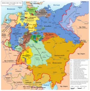 Der Deutsche Bund (1815 - 1866), Bildnachweis: Von ziegelbrenner, <a href="http://creativecommons.org/licenses/by-sa/3.0/" target="_blank">CC BY-SA 3.0</a>, https://commons.wikimedia.org/w/index.php?curid=3414903, keine Änderungen vorgenommen