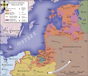 Deutschordensstaat nach der Teilung von 1466, Bildnachweis: Von S. Bollmann - Dieter Zimmerling: Der Deutsche Ritterorden. 2. Auflage 1991. Econ Verlag, Düsseldorf, Wien, New York 1989, ISBN 3-430-19959-XHermann Kindler, Werner Hilgemann: dtv-Atlas zur Weltgeschichte. Lizenzausgabe für Bertelsmann Club HmbH und diverse Buchclubs. Deutscher Taschenbuch Verlag, München ohne Jahr. Band 1Geoffrey Barraclough [Hrsg.]: Atlas der Weltgeschichte. Bechtermünz Verlag, Augsburg 1997, ISBN 3-86047-178-3Franklin H. Littell: Atlas zur Geschichte des Christentums. 2. Sonderauflage. Brockhaus Verlag 1989. ISBN 3-417-24606-7Gerhard Ziegler, Walter Heidenreuter: Karten für den Geschichtsunterricht. Volk und Wissen, Berlin 1954.F. W. Putzgers Historischer Schul-Atlas. Ausgabe 1923. www.maproom.orgErnst Bruckmüller, Peter Claus Hartmann: Putzger Historischer Weltatlas. 102. Auflage. Cornelsen 1992.Dr. Richard Andree: Droysens Allgemeiner Historischer Handatlas. www.maproom.orgKarl Spruner, Theodor Menke: Hand-Atlas für die Geschichte des Mittelalters und die neueren Zeit. 3. Auflage. Justus Perthes, Gotha 1880. www.maproom.orgOhne Autor: Abbildung und Beschreibung aller Ritterorden in Europa. Reprint der Originalausgabe von 1792. Reprint-Verlag Leipzig. ISBN 3-8262-1807-8, <a href="https://creativecommons.org/licenses/by-sa/3.0" target="_blank">CC BY-SA 3.0</a>, https://commons.wikimedia.org/w/index.php?curid=5704083