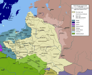 Gebiet Polens und Preußens nach der Ersten Teilung Polens (1772), Bildnachweis: Von User:Mathiasrex, Maciej Szczepańczyk, vased on layers of User:Halibutt - Eigenes Werk, <a rel="nofollow noopener" target="_blank" href="http://creativecommons.org/licenses/by/3.0/">CC BY 3.0</a>, https://commons.wikimedia.org/w/index.php?curid=6584744, keine Änderungen vorgenommen