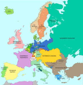 Europa nach 1867, Bildnachweis: Von Blank map of Europe 1861.svg: User:Alphathonderivative work: Furfur - Diese Datei wurde von diesem Werk abgeleitet: Blank map of Europe 1861.svg:, <a rel="nofollow noopener" target="_blank" href="http://creativecommons.org/licenses/by-sa/4.0/">CC BY-SA 4.0</a>, https://commons.wikimedia.org/w/index.php?curid=52762772, keine Änderungen vorgenommen