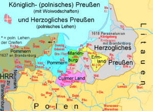 Preußen mit dem Königlichen Preußen (seit  1466) und dem Ordensstaat (Herzogtum Preußen) ab 1525, Bildlizenz: Von Ulamm - Eigenes Werk, Gemeinfrei, https://commons.wikimedia.org/w/index.php?curid=2837675 