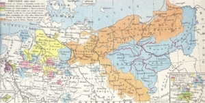 Preußen nach 1806: Preußen (orange), Gebietsverluste (blau), Bildnachweis: Von O. Meinke - G. Droysens Historischer Handatlas, Gemeinfrei, https://commons.wikimedia.org/w/index.php?curid=3140988, keine Änderungen
