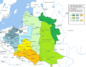 Die drei Teilungen Polens zwischen 1772 und 1795, Bildnachweis: Von Mullerkingdom, <a href="http://creativecommons.org/licenses/by-sa/3.0/" target="_blank">CC BY-SA 3.0</a>, https://commons.wikimedia.org/w/index.php?curid=15107722, keine Änderungen vorgenommen
