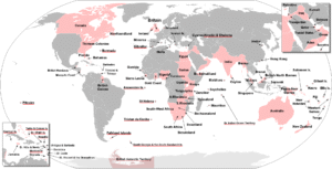 Das britische Weltreich mit seinen Kolonien, rot- unterstrichene gehören heute zum britischen Commonwealth, Von The Red Hat of Pat Ferrick - File:BlankMap-World-large.png and own work by uploader. Composed from maps found in:Stewart, John (1996) "Cyrenaica" The British Empire: an encyclopedia of the Crown's holdings, 1493 through 1995, McFarland & Co. ISBN: 0-7864-0177-X.Brown, Judith (1998) The Twentieth Century, The Oxford History of the British Empire Volume IV, Oxford University Press ISBN: 0199246793.Dalziel, Nigel (2006) The Penguin Historical Atlas of the British Empire, Penguin ISBN: 0141018445., Gemeinfrei, https://commons.wikimedia.org/w/index.php?curid=5544648