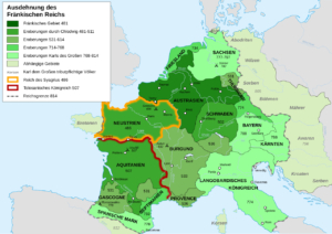 Karte des Frankenreichs zwischen 481 und 814, Von Sémhur ·✉·✍·, translated by Jka - Own work, from en:Image:Frankish power 481 814.jpg, from the Historical Atlas by William R. Shepherd (Shepherd, William. Historical Atlas. New York: Henry Holt and Company, 1911.), <a rel="nofollow noopener" target="_blank" href="http://creativecommons.org/licenses/by-sa/3.0/">CC BY-SA 3.0</a>, https://commons.wikimedia.org/w/index.php?curid=3730257, keine Änderungen vorgenommen