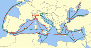 Handelswege Venedig und Genua, Von User:Nikater - Own work by Nikater, submitted to the public domain. Background map courtesy of Demis, www.demis.nl, Gemeinfrei, https://commons.wikimedia.org/w/index.php?curid=6325672, keine Änderungen vorgenommen