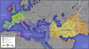 Oströmische Reich unter Justinian I. von 527 (blau) bis 565 (lila), Von Captain Blood - German Wikipedia, <a rel="nofollow noopener" target="_blank" href="http://creativecommons.org/licenses/by-sa/3.0/">CC BY-SA 3.0</a>, https://commons.wikimedia.org/w/index.php?curid=387458, keine Änderungen vorgenommen