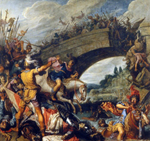 Die Schlacht bei der Milvischen Brücke, Konstantin besiegt Maxentius, Gemälde von Pieter Lastman (1613), Bildlizenz: gemeinfrei, keine Änderungen