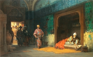 Sultan Bayezid als Gefangener von Timur, (Historiengemälde von Stanisław Chlebowski 1878), Bildlizenz: gemeinfrei - keine Änderungen vorgenommen