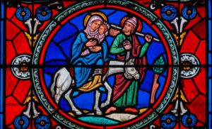 Flucht der Heiligen Familie nach Ägypten, Glasmalerei aus der Kathedrale Sainte-Croix d’Orléans, Bildnachweis: Joan Sutter/shutterstock.com