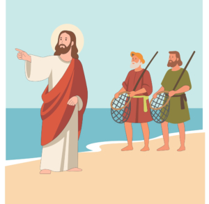 Illustration der Bibelszene als Jesus die Apostel Petrus und Andreas trifft