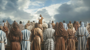 Jesus Christus und zwölf Apostel in Domus Galilaeae, Predigt auf dem Berg