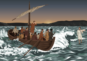 Jesus läuft über das Wasser des Genezareth-Sees