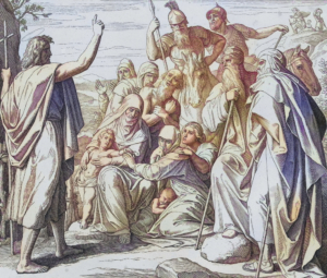 Johannes der Täufer predigt in der Wüste, Reproduktion eines Holzstiches von Julius Schnorr von Carolsfeld, um 1860