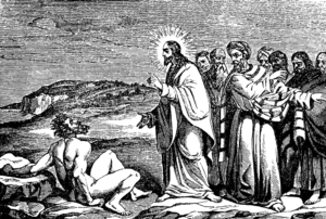 Bibelszene: Jesus spricht mit dem besessenen Gerasener