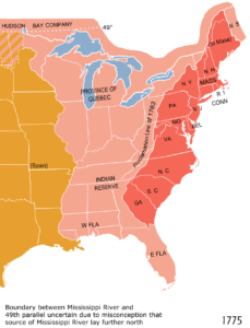 Nordamerika 1775: Die Dreizehn Kolonien (rot), das zugewonnene Gebiet der Briten nach dem Franzosen- und Indianerkrieg (rosa) und das spanische Gebiet (orange), Bildlizenz: gemeinfrei - keine Änderungen