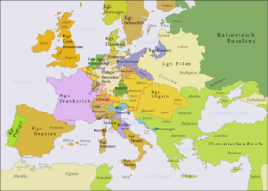 Karte Europas zu Zeiten des Siebenjährigen Krieges, Bildnachweis: Von Memnon335bc - Eigenes Werk, <a rel="nofollow noopener" target="_blank" href="http://creativecommons.org/licenses/by/3.0/">CC BY 3.0</a>, https://commons.wikimedia.org/w/index.php?curid=7696674