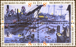 Gedenkbriefmarke zur Boston Tea Party, herausgegeben in Mailand (Italien), Bildnachweis: Spatuletail / Shutterstock.com