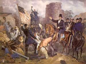 Präsident Abraham Lincoln besucht Truppen der Unionsarmee in City Point, Virginia, 1865, Lithografie nach einem Gemälde von Gustav Bartsch