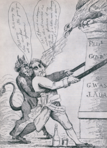 Federalist Karrikatur zeigt Thomas Jefferson als Anarchisten, welcher versucht die Säulen der Regierung einzureißen, Bildnachweis: Everett-Sammlung/shutterstock.com