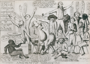 Karrikatur der Federalists von 1793 zeigt, wie Thomas Jefferson (auf der Bank stehend) eine Meute Anarchisten anführt, Bildnachweis: Everett-Sammlung/shutterstock.com