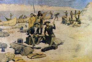 Lewis und Clark am Columbian River von Frederic Remington. Hinter den Entdeckern steht Sacajawea mit ihrem Baby und ihrem Ehemann.