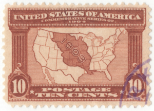 Zehn Cent Briefmarke aus den USA von 1904 zeigt das Gebiet, welches durch den Louisiana-Kauf hinzugewonnen wurde, Bildnachweis: World of Stamps / Shutterstock.com
