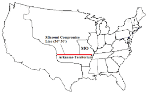 Die Linie des Missouri-Kompromisses von 1820, Bildnachweis: Von MarzenaJani - Eigenes Werk, <a rel="nofollow noopener" target="_blank" href="http://creativecommons.org/licenses/by-sa/3.0/">CC BY-SA 3.0</a>, https://commons.wikimedia.org/w/index.php?curid=31138973