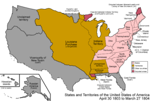 Vereinigte Staaten 1803 zum Zeitpunkt des Louisiana-Kaufs, im Osten die US-Bundesstaaten, im Zentrum die Territorien der Frontier - welche der USA gehören aber noch keine US-Bundesstaaten sind, Bildnachweis: Von Made by User:Golbez. - Eigenes Werk, <a rel="nofollow noopener" target="_blank" href="https://creativecommons.org/licenses/by/2.5/">CC BY 2.5</a>, https://commons.wikimedia.org/w/index.php?curid=996155