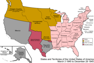 Vereinigte Staaten 1845 mit Territorien (Frontier) und US-Bundesstaaten, Die Republik Texas ist grau , Bildnachweis: Von Made by User:Golbez. - Eigenes Werk.See Charles O. Paullin and John K. Wright's Atlas of the Historical Geography of the United States (1932) for PD maps which support these., <a rel="nofollow noopener" target="_blank" href="https://creativecommons.org/licenses/by/2.5/">CC BY 2.5</a>, https://commons.wikimedia.org/w/index.php?curid=996196