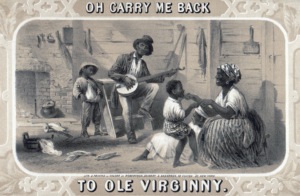 Verpackung des Virginia-Tabaks zeigt afroamerikanische Banjospieler mit Kindern, von Robertson, Seibert & Shearman, 1859, Bildnachweis: Everett Collection / Shutterstock.com
