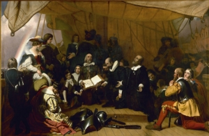 William Bradford und weitere Pilgerväter beim Gebet vor der Abfahrt der Mayflower, von Robert W. Weir, 1844, in der Rotunde des Kapitols in Washington, Bildnachweis: gemeinfrei- keine Änderungen vorgenommen