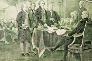 Zwei Dollar Rückseite mit Bild zur Unterzeichnung der Unabhängigkeitserklärung