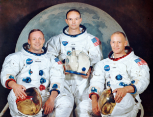 Crew der Apollo 11, Neil A. Armstrong (links), Michael Collins (Mitte) und Buzz Aldrin (rechts)