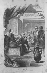 Der Weltreisende William Adams vor dem dem Shōgun Tokugawa Ieyasu, Darstellung von 1866, Bildnachweis: gemeinfrei - keine Änderungen vorgenommen